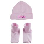 Personalized Embroidered Infant Cap and Booties Set in Pink